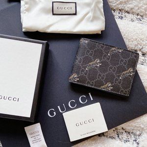 NEW Gucci GG Supreme Mens Bifold Small Wallet Tiger Monogram Black Leather